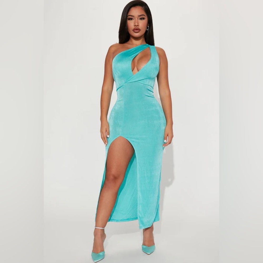 Fashion Nova Turquoise One-Shoulder Dress